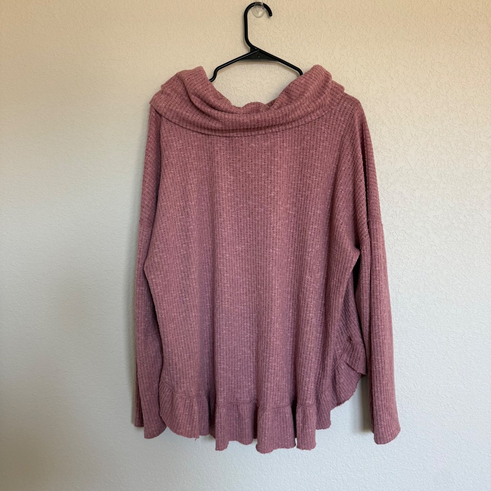 Maeve Anthropologie Womens Cowl Neck Ruffle Hem Waffle Knit Sweater Mauve Pink - Picture 2 of 7